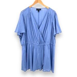 Lane Bryant blouse women's 22 faux wrap flutter sleeve stripe blue silver